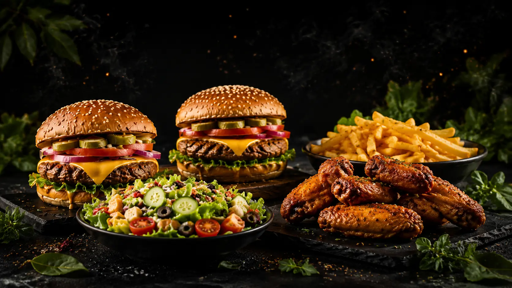 Burgers, wings, salad and fries