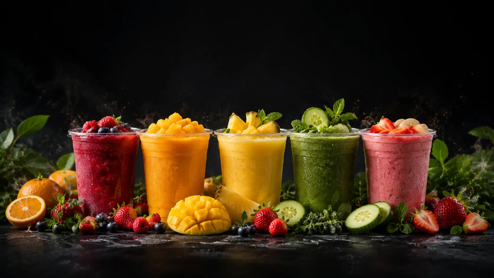 Colorful natural juices and smoothies