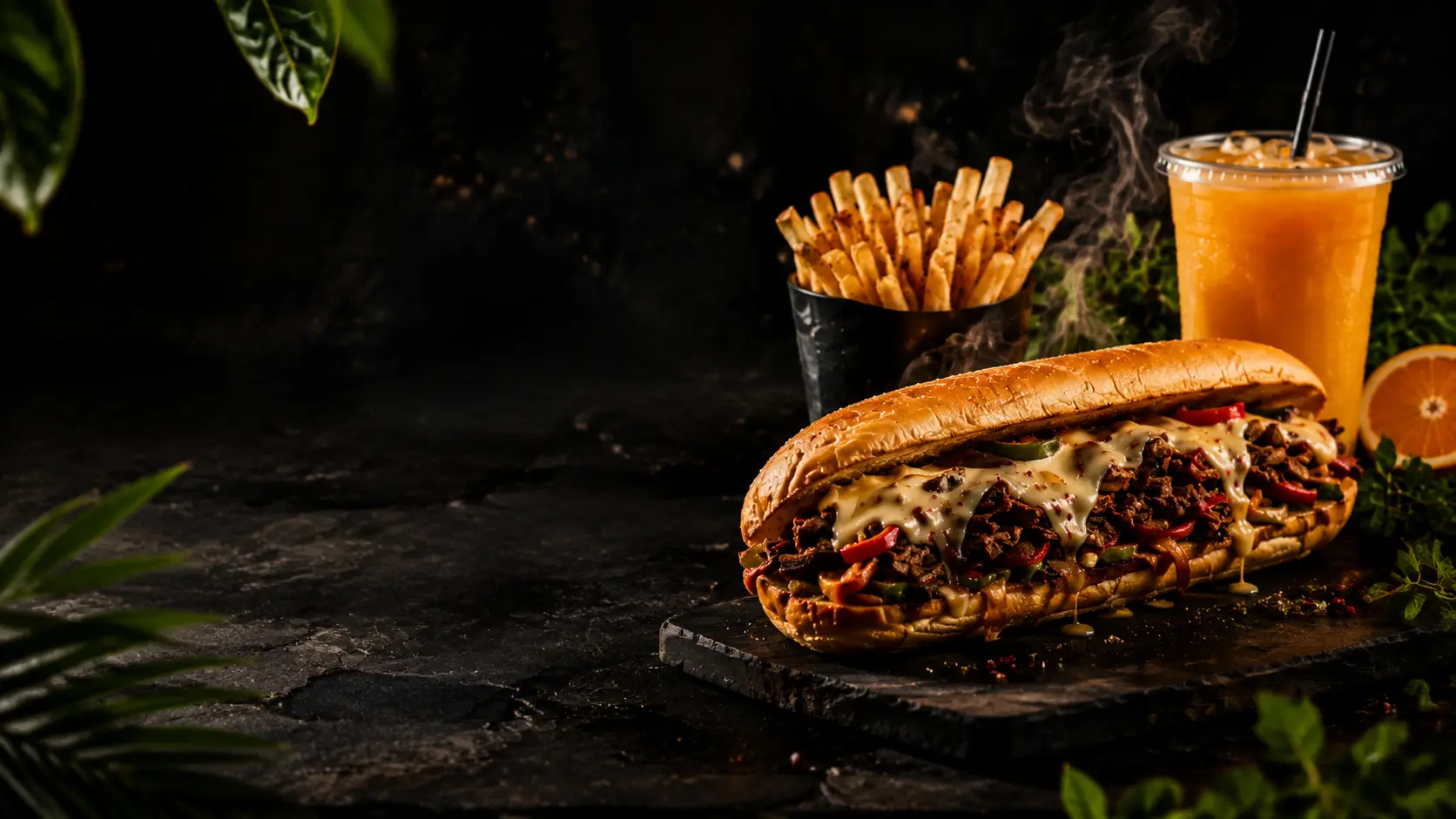 Fresh Philly cheesesteak with fries and juice